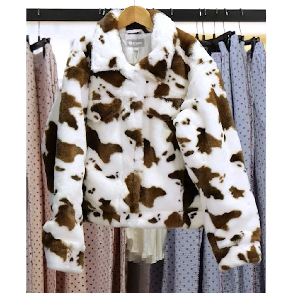 Tractr Kids Cow Print Faux Fur Trucker Jacket Girls XL